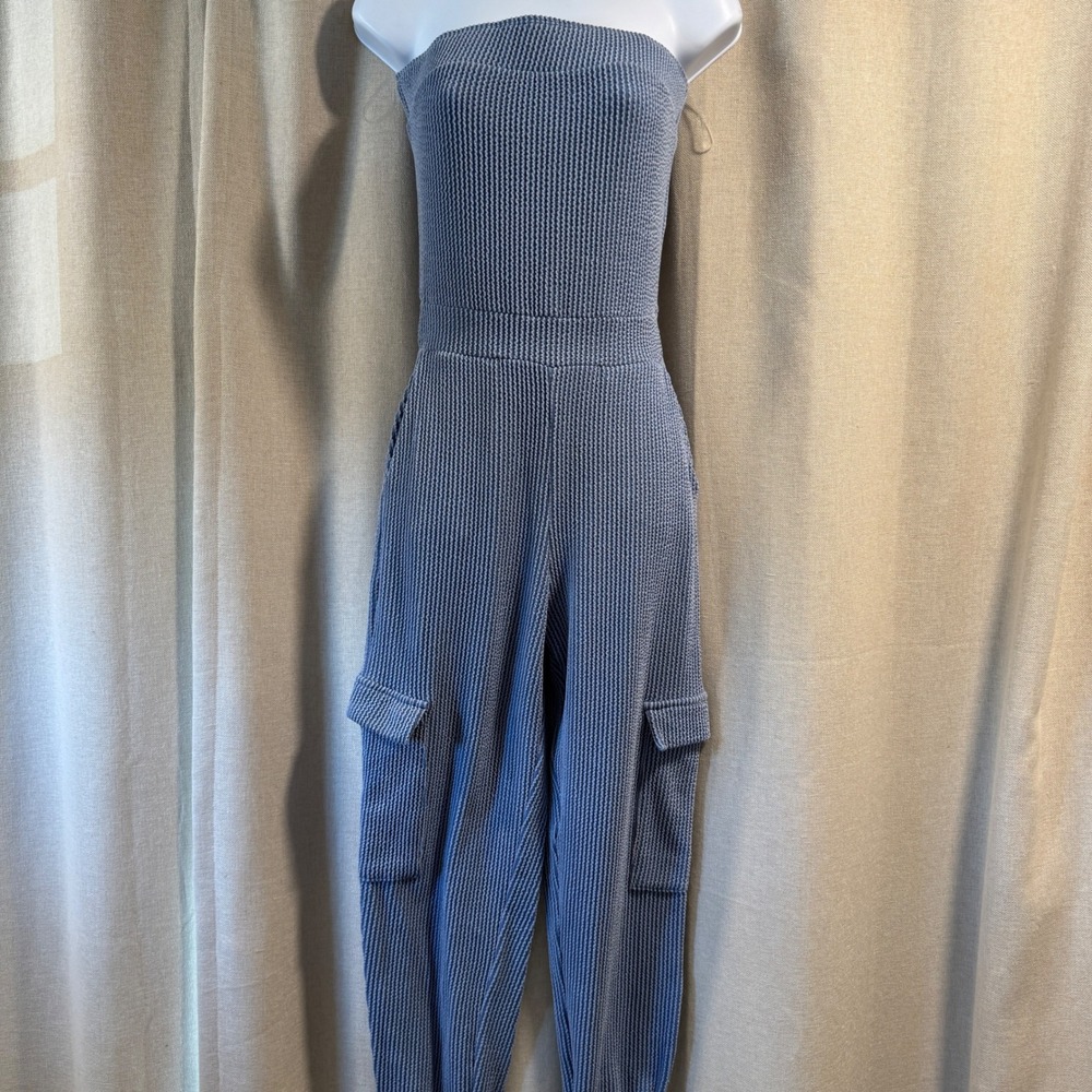 Wasabi+Mint Blue‎ Jumpsuit Strapless Sleeveless Crop Pants Utility Pockets XS
